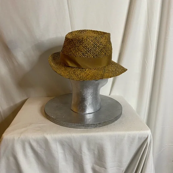 Vintage Makin New York Tan Woven Fedora straw hat and ribbon trim size L